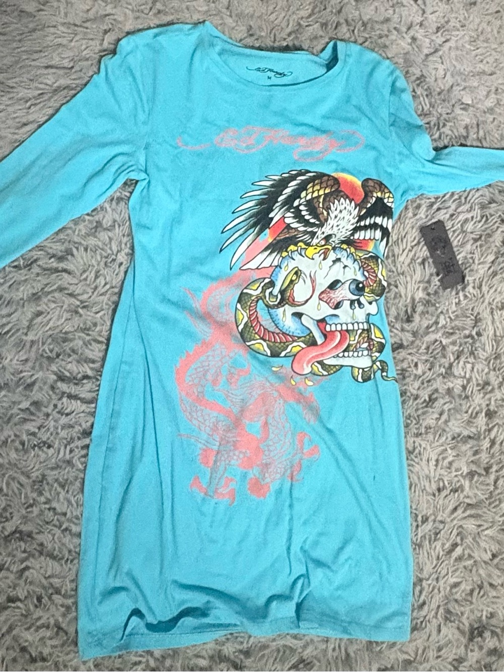 Ed Hardy Turquoise Long-Sleeve Mini Dress with Eagle & Skull Graphic